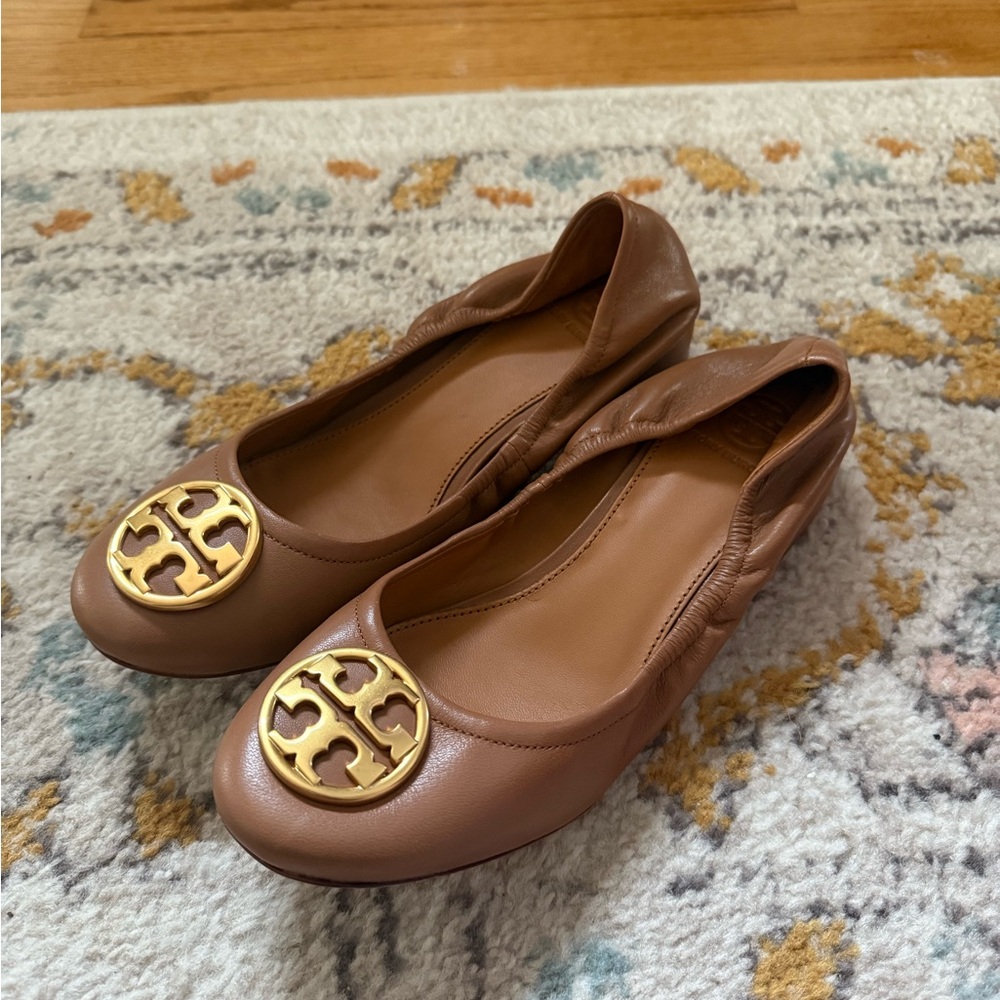 Tory Burch Tan Flats with Gold Emblem